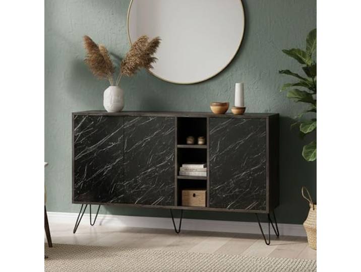 Dmora - Kommode Perseus, Wohnzimmerbuffet, Wohnzimmer-Sideboard, Moderne Küchen-Speisekammer, 142x36h83 cm, Oxid und Schwarzer Marmor