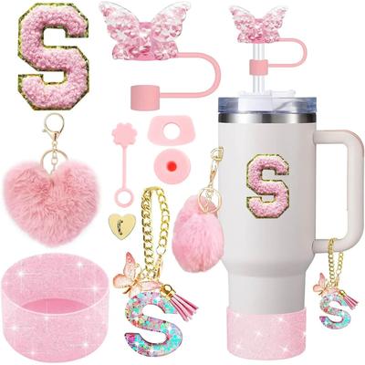 Inspire Select 9pcs Stanley Cup Accessories Set Silicone Boot, Butterfly Straw Cover, Spill Proof Stopper & Initial Charm Kit s Heart Pink 9pcs