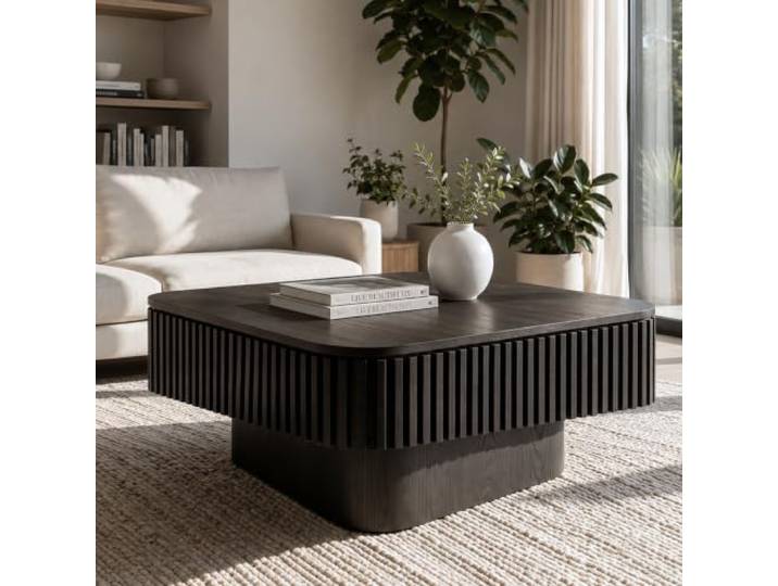 75 cm Moderner Quadratischer Couchtisch mit Stauraum, Holzoptik,Schwarz Moderner Sofatisch & Couchtisch quadratisch mit Fluted Design, abnehmbarem Deckel & verstecktem Stauraum für Wohnzimmer