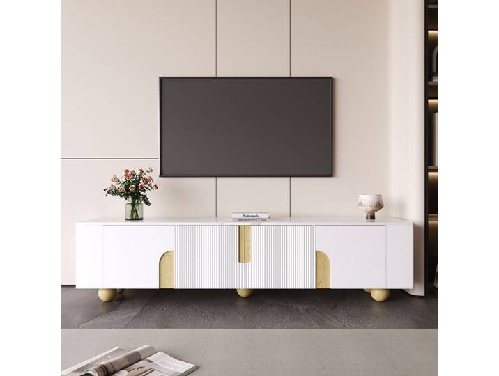 Meuble TV blanc 180 cm-LEYTN-avec 4 portes-180 x 40 x 44cm-élégance stylé