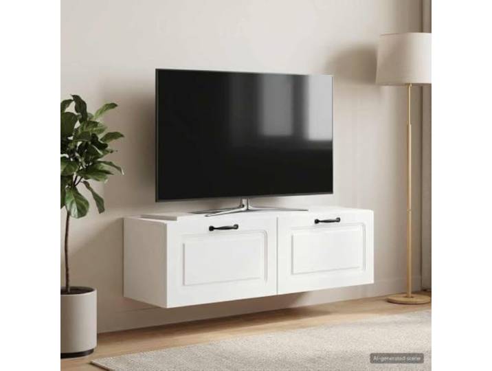 Wall Mounted TV Cabinet White 98x31x30 cm Engineered Wood Entertainment Moderner TV-Schrank, Wandmontage spart Platz, Holzwerkstoff robust, Kabelmanagement, vielseitige Regale, weiße Optik