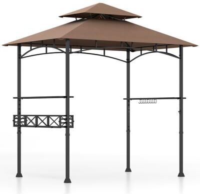 Costway 8 x 5 Feet Outdoor Grill Gazebo with 2 Side Shelves and 10 Hooks-Brown