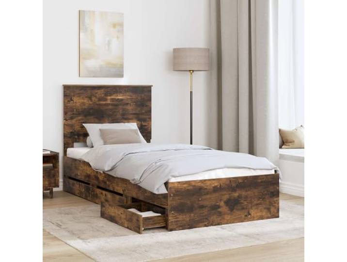 KTHLBRH Bettgestell Eiche Rauchgrau 75 x 190 cm Technisches Holz, versteckter Behälter, modernes Design, einfache Montage