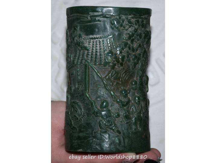 5.2 vieille chine vert Jade sculpture arbre enfant maison Statue brosse Pot crayon Vase