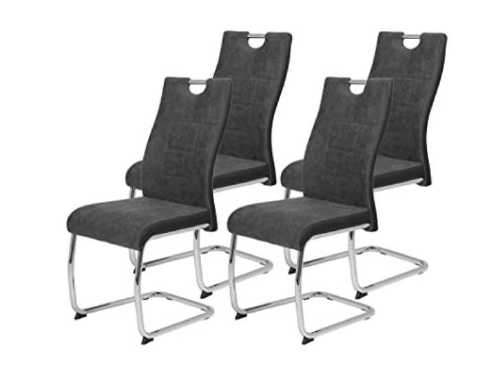 Hela Tische, 4er Set Schwingstuhl Alina Webstoff Anthrazit, Metallgestell Rundrohr Chrom, Lehne mit Griff