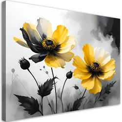 BILD auf Leinwand, Gelbe Blumen in kontrastierendem Schwarz und Weiß