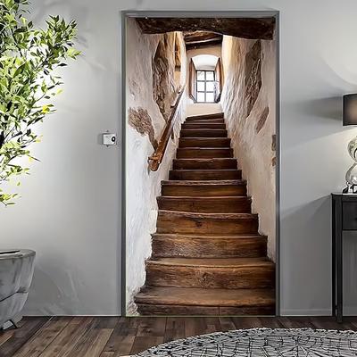 Türverkleidung mit 3D-optischer Täuschung, 2D-Flachdruck, Holztreppe in Steinwand-Design, perspektivischer Korridoraufkleber