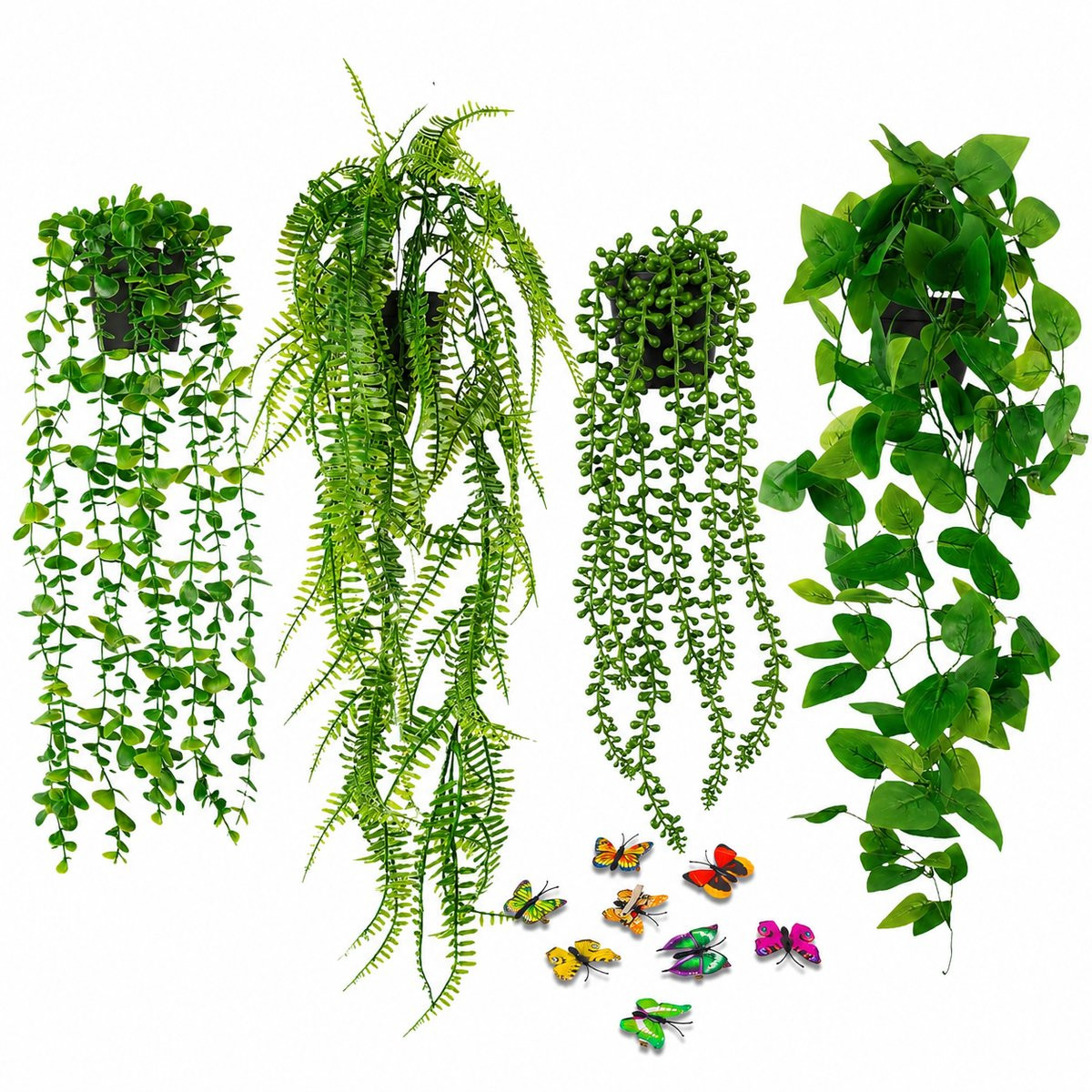 Rojellaa Set van 4 Kunstmatige Hangplanten met Pot – Realistische Nepplanten voor Binnen & Buiten – Eucalyptus, Pothos, Bostonvaren & Kralenplant – Onderhoudsvrije Groene Decoratie