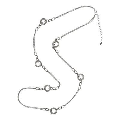 Lange Kette STEUER "Metallkette rhodiumfarben mit Ringzierde und Straß", grau (silbergrau), Halsketten, Damen, 101cm, Metall, L: 101 B: 18mm, B:18mm