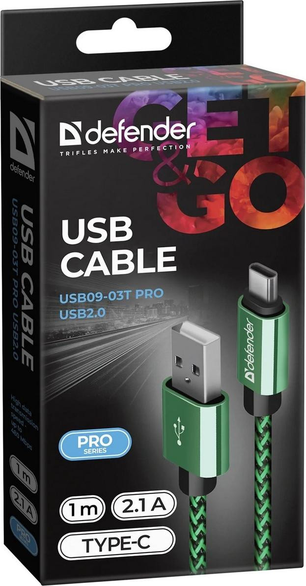 Defender USB-kabel Type-C, 1 meter, 2,1A, groen-zwart