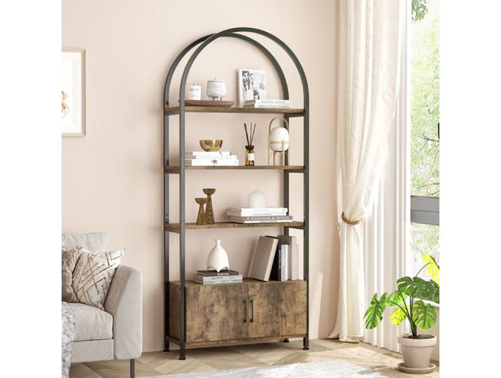 Bibliothèque contemporaine en bois marron - Étagère de 4 niveaux - avec Portes - Meuble de rangement