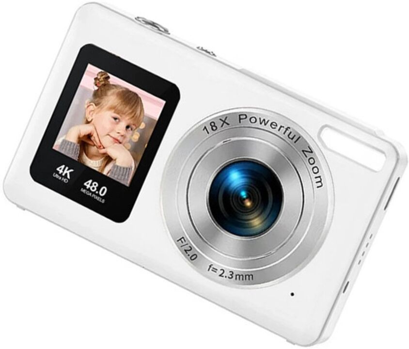 INF Dual-Bildschirm-Digitalkamera mit dualen IPS-Displays, 4K 30fps, 18x Digitalzoom, echte 5MP AF-Linse Weiß