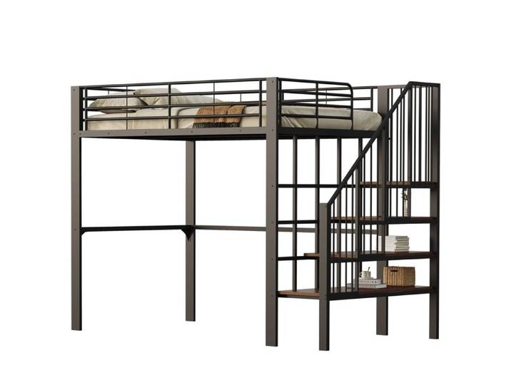 Hochbett 140x200 métal robuste avec espace de rangement sous lit et escalier pour enfants et adultes