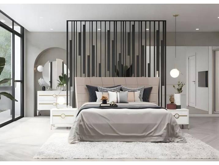 JVmoebel Komplettschlafzimmer Elegantes Schlafzimmer Set in Weiß mit Doppelbett und Kommode, (5-tlg., Bett, 2xNachttische, Kommode + Spiegel), Made in Europe
