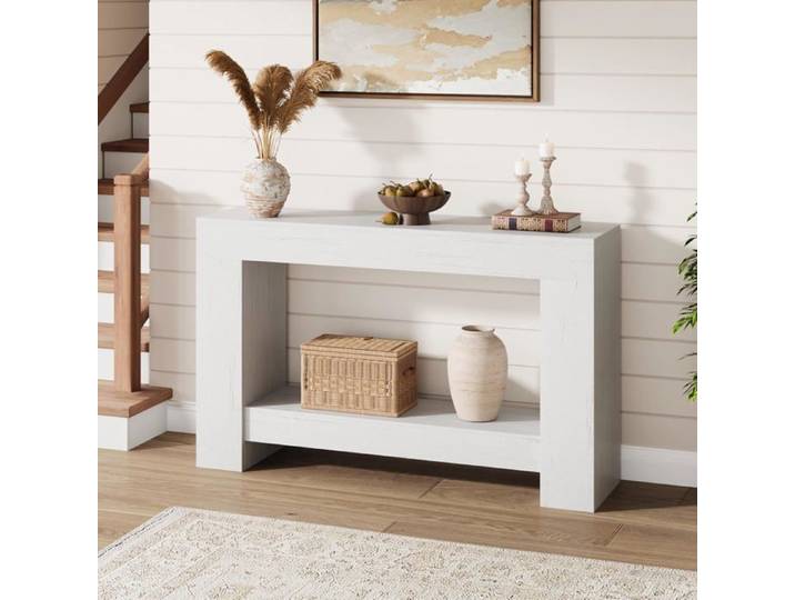 GARVEE Table Console 120 cm Console meuble Table d'Entrée Longue 2 Niveaux avec Rangement Style Fermier 128x38x 19cm blanc
