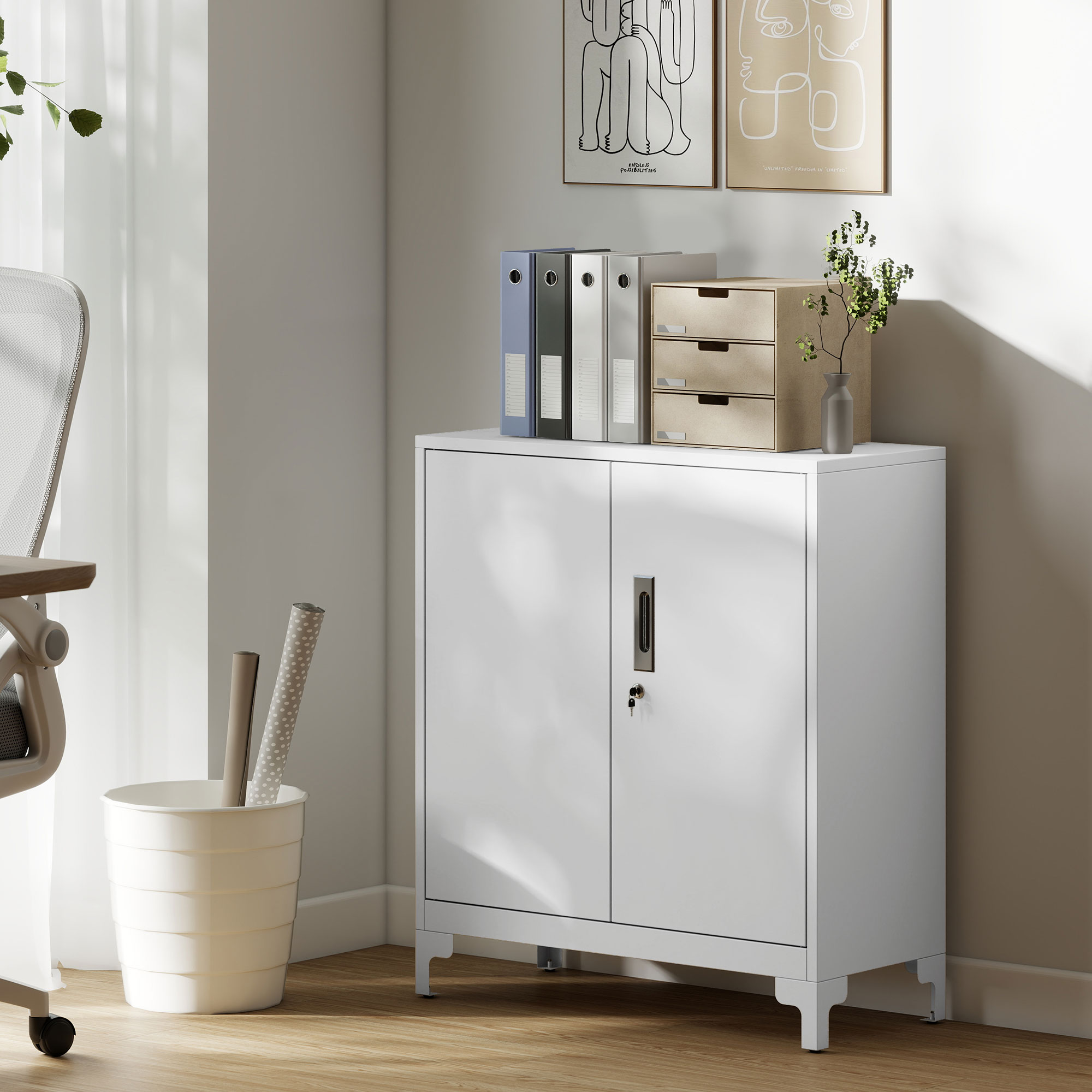 Homcom Mobile da Ufficio Portadocumenti con 3 Ripiani, 2 Ante e Chiavi, 80x35x91 cm, Bianco   Aosom Italy