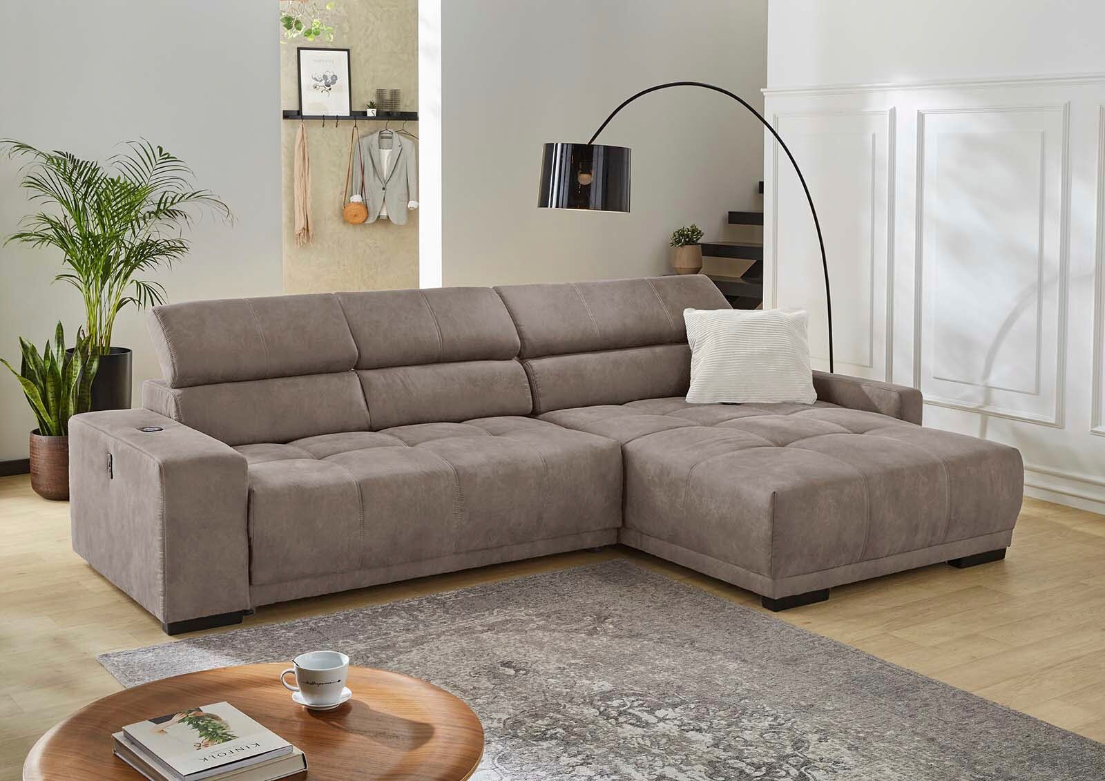 Ecksofa JOCKENHÖFER GRUPPE "Le Mans L-Form, B: 320 cm, mit 30 cm elektr. Sitztiefenverstellung", braun, B:320cm T:110cm, Korpus: 100% Polyester;Kissen: 100% Polyester, Sofas, Ecksofa, Kopfteilverstellung, induktive Ladestation, USB-Anschluss & Zierkissen 