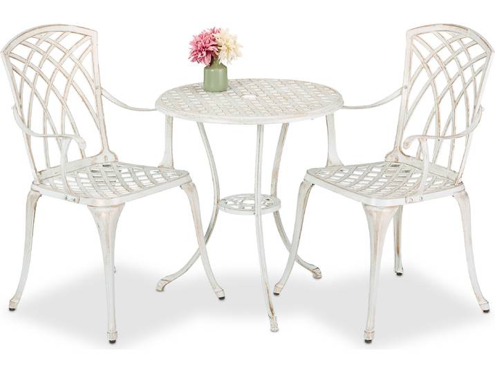 Relaxdays Gartenmöbel Set, 3-teilig, Tisch & 2 Stühle, Aluguss, Balkonmöbel Antik-Design, Garten Sitzgruppe, weiß/bronze