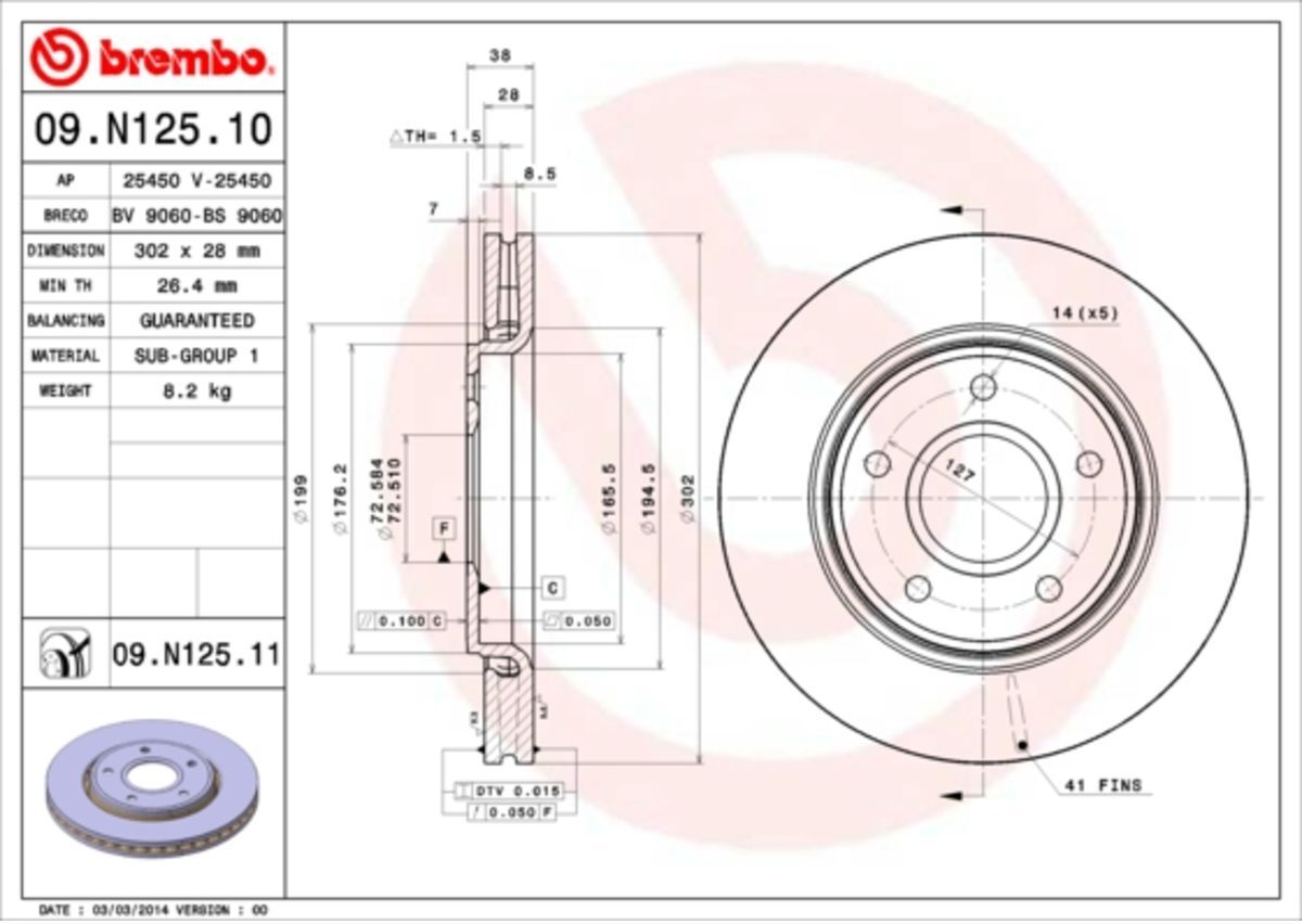 Bremsscheibe BREMBO 09.N125.11, vorne, belüftet, 1 Stück