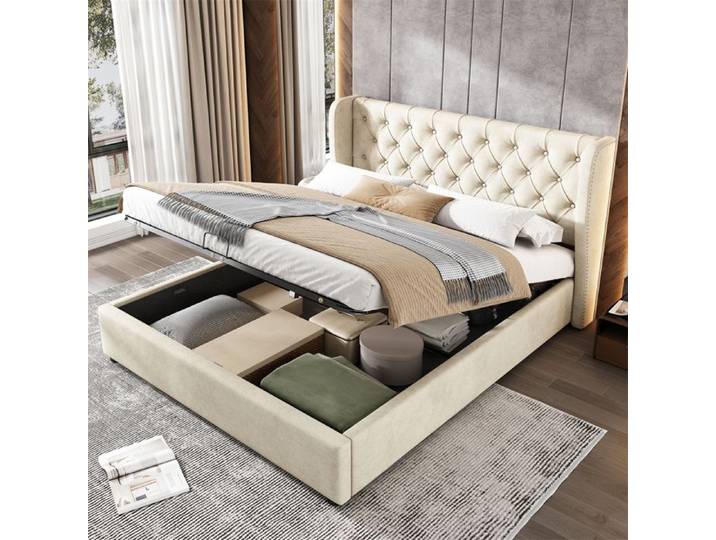 Lit rembourré - Forme oreille - 140x200 cm - Velours beige - Sommier à lattes