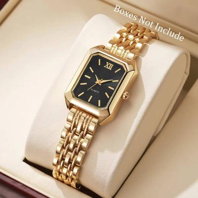Fabled Fashion Studio Elegant Rectangle Women Watch Analog Quartz Wristwatch gold Black No Box