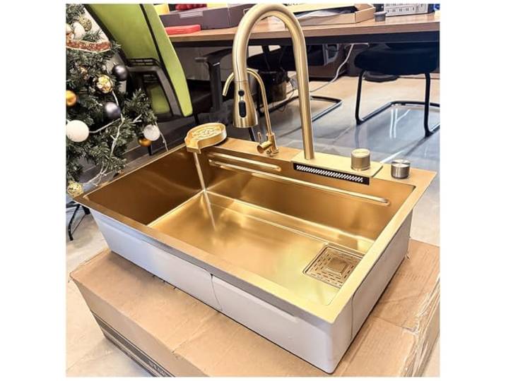 ASKLFNEI 75x45cm Wasserfall-Küchenspüle,Goldene waschbecken edelstahl multifunktions,Mit Verstellbarem Ausziehbarem Wasserhahn, Nanobeschichtete Einzelspüle,spülbecken küche komplett set