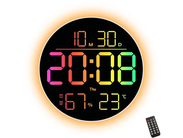Horloge murale numérique LED RGB ronde de 10 pouces, avec changement de couleur et télécommande, lumière ambiante, thermomètre électronique, réveil