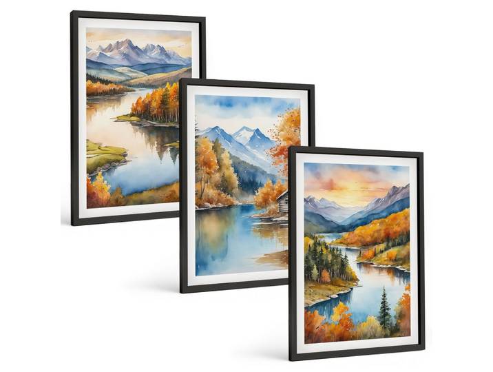 BILDER SET 3er Set - 40x60 cm Schwarzer Rahmen - Herbstliche Berglandschaften