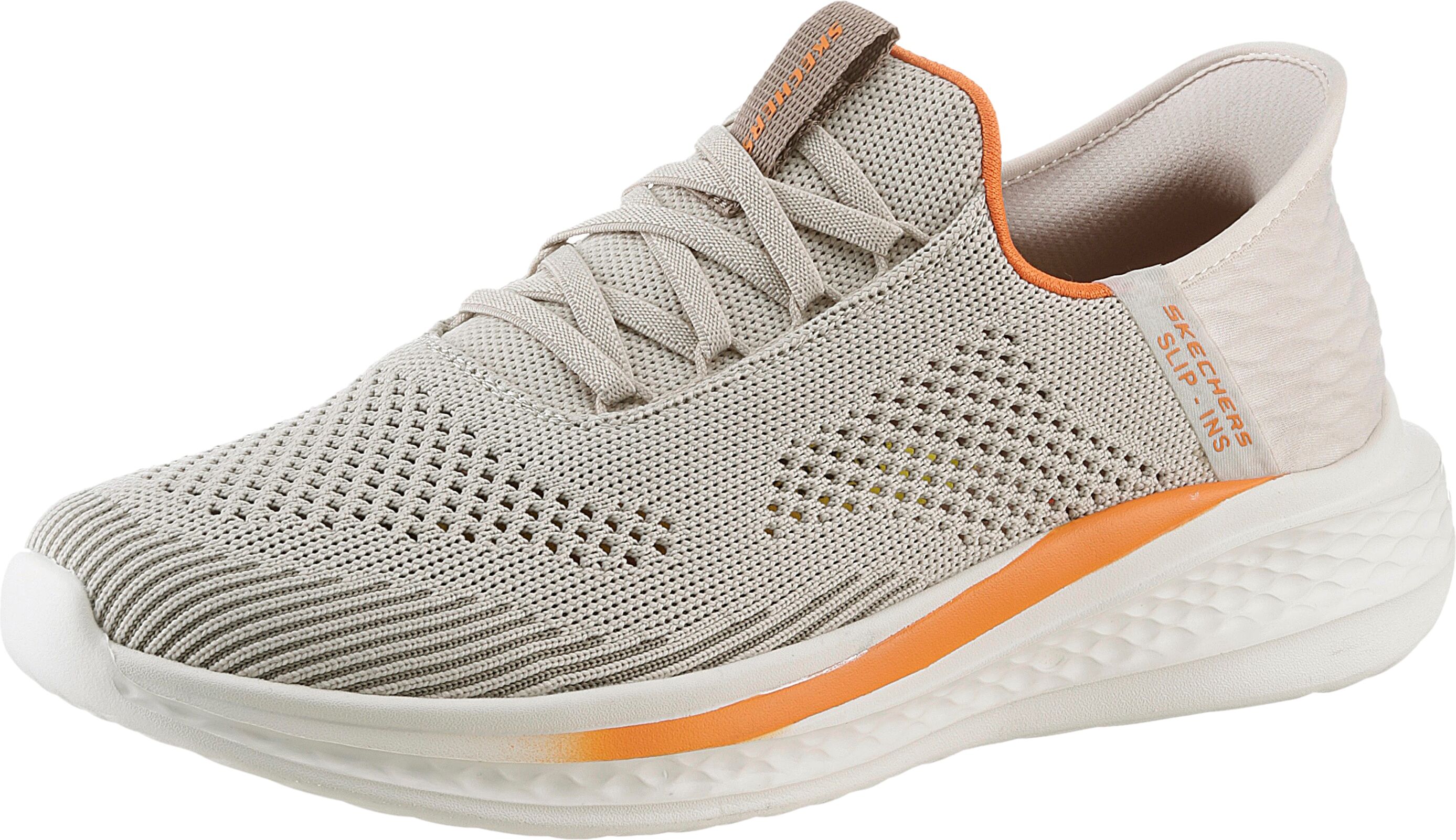 Slip-On Sneaker SKECHERS "SLADE-QUINTO", Herren, Gr. 40, Textil, orange (sandfarben, orange), Mesh, Textil, kontrastfarbene Details, Schuhe Slip-On Sneaker, Slipper, Freizeitschuh mit dezenten Kontrastbesatz sandfarben, orange 40, Textil