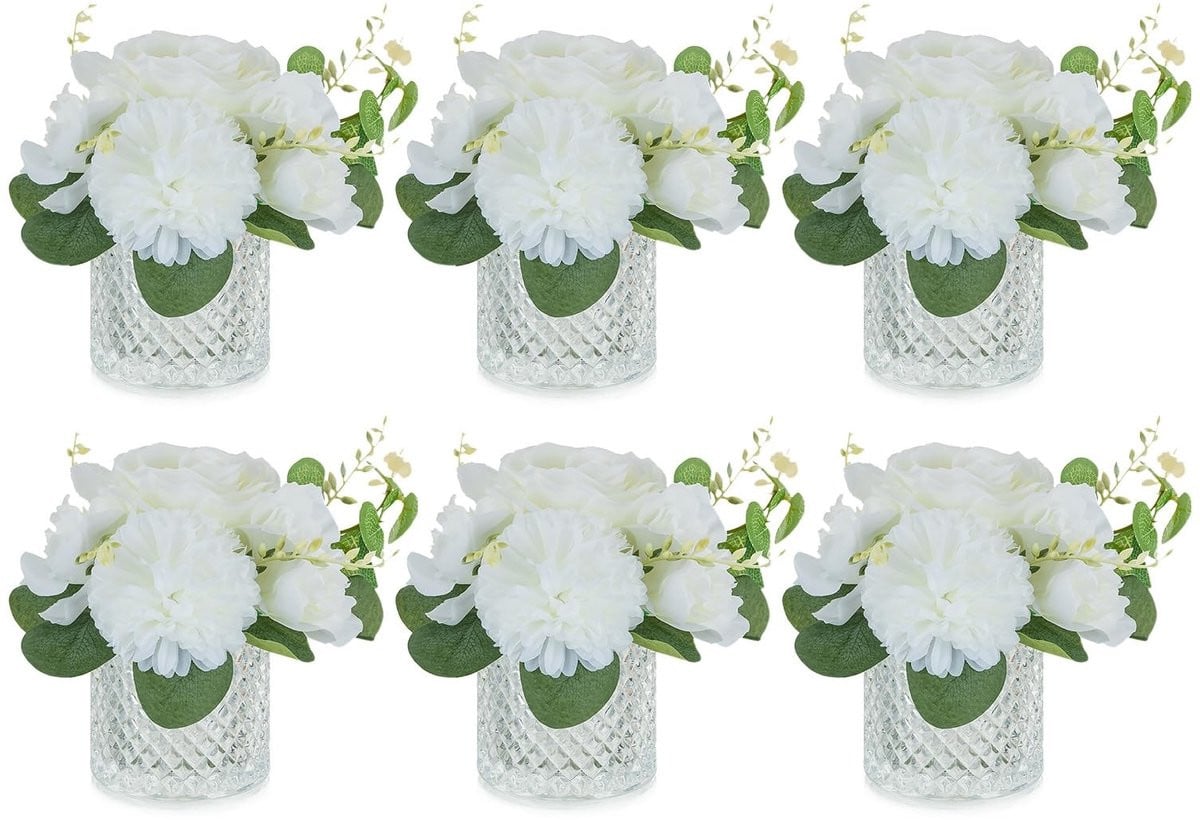 Merkloze set van 6 witte nepbloemen met glazen vazen voor decoratie