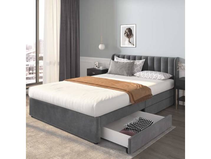 Lit adulte - MODERNLUXE - 160x200cm - Rembourré avec 2 tiroirs - Tissu en velours - Gris