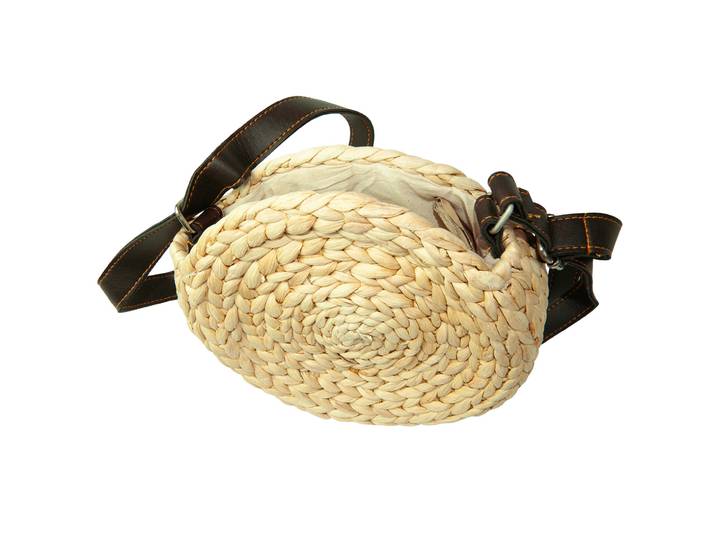 Umhängetasche rund aus Naturmaterial, Tasche mit Lederriemen, braun, beige, Ø 20 x 20 cm
