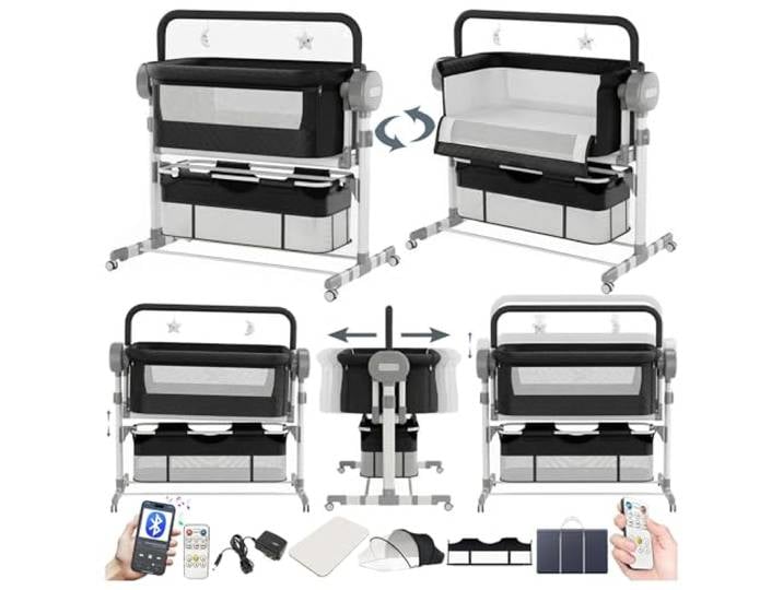 Magic ZC Elektrische Bluetooth Intelligent Beistellbett Baby mit Rollen, Faltbar Co-Sleeping Babybett, Fernbedienung und 5-schwankende Zahnräder, Stubenwagen Kleinkind Wiege mit Musik (608 Black)