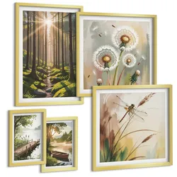 BILDER SET 5er Set - 50x50 cm & 20x30 cm & 40x60 cm Goldrahmen - See, Wald, Boot, Morgennebel