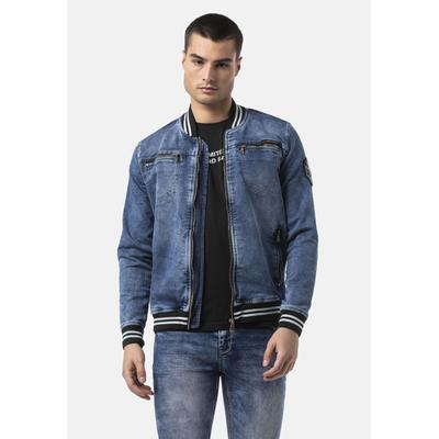 Bomberjacke CIPO & BAXX "CJ310", Herren, Gr. L, blau, Stoff, 98% Baumwolle, 2% Elasthan, bedruckt, slim fit normal, Rundhals, Manschette, Jacken Bomberjacke, Auffällige Stickerei auf der Rückseite