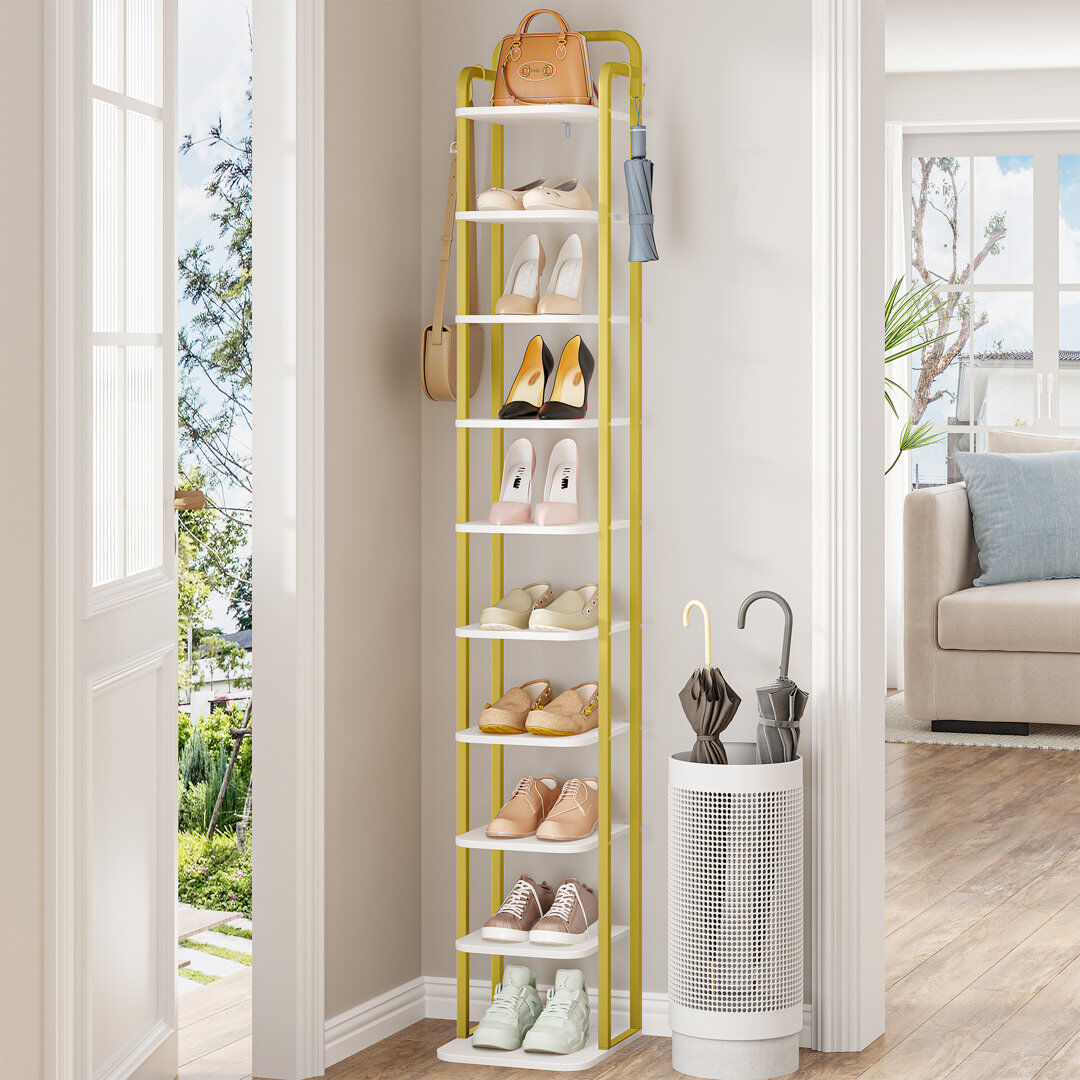 Borough Wharf Vertical Shoe Rack, Shoe Shelves, Wood Shoe Organizer for Closet, Entryway, Shoe Tower for Small Spaces, Free Standing, Adjustable, with 2 Hooks White/Gold 10