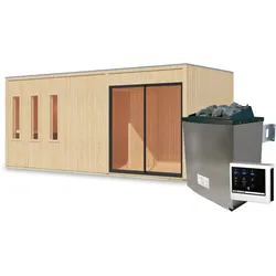 Karibu Design Saunahaus Monterey Blackline - 73 mm naturbelassen Ohne Terrasse 11 kW Ofen inkl. Steuergerät