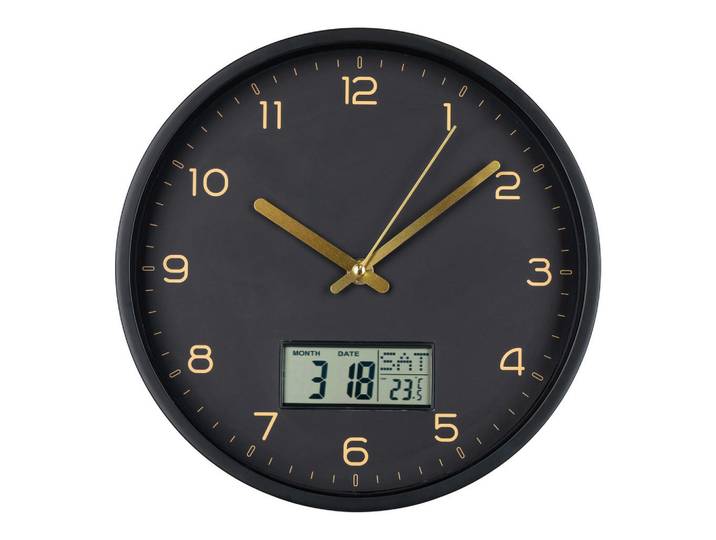 Wanduhr Amiens Wall, Schwarz, Goldfarben, Kunststoff, Glas, 25x25x4 cm, Kalenderanzeige, Wochentaganzeige, leises Uhrwerk, Dekoration, Uhren, Wanduhren