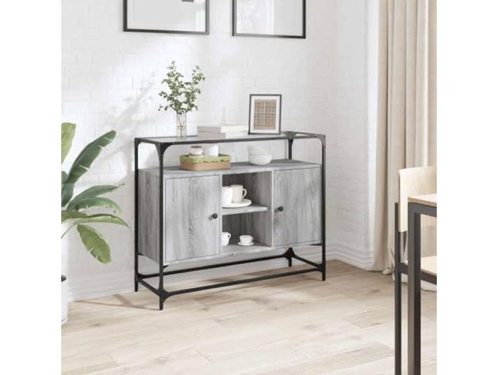 RJPLMFV Anrichte Sonoma grau mit Glasplatte Langlebiges Holz, 2 Türen, geräumiger Stauraum, Wandbefestigung inklusive