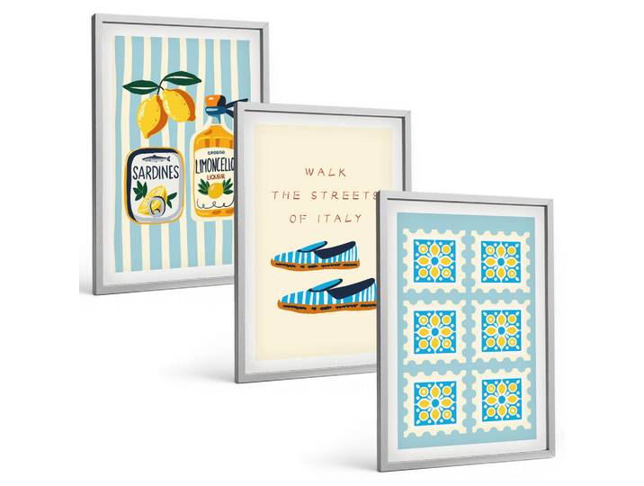 Tulup Bilder SET 3er Set - 40x60 cm Silberner Rahmen - Früchte, Elemente der italienischen Kultur, Silberfarben, Kunststoff, Rechteckig, 40x60 cm, Fotografie, Bilder & Rahmen, Bilder