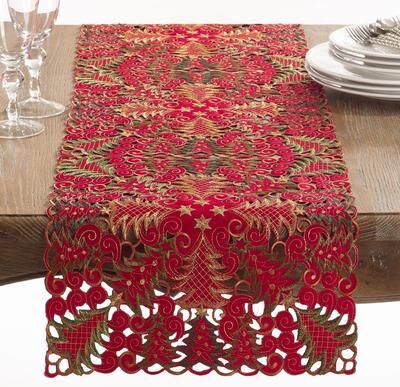 Saro Lifestyle Panettone Collection Holiday Christmas Tree Cutwork Table Runner