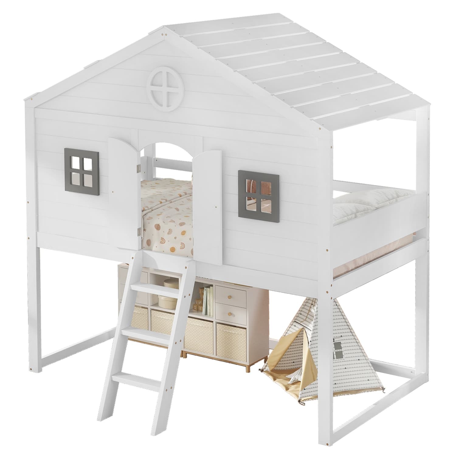 Hausbett,mit Treppe,mit Fallschutz und Gitter,Zwei graue Fenster,Kinderbett mit Fenster,Frei gestaltetes Unterbett,Rahmen aus Kiefer,Kiefer+MDF