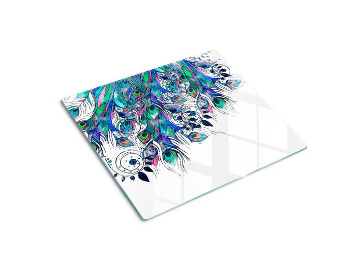 Tulup Glasplatte 60x52 cm Pfauenfedern, Grün, Glas, 60x0.4x52 cm, Küchen, Küchenelektrogeräte, Herde, Herdabdeckplatten