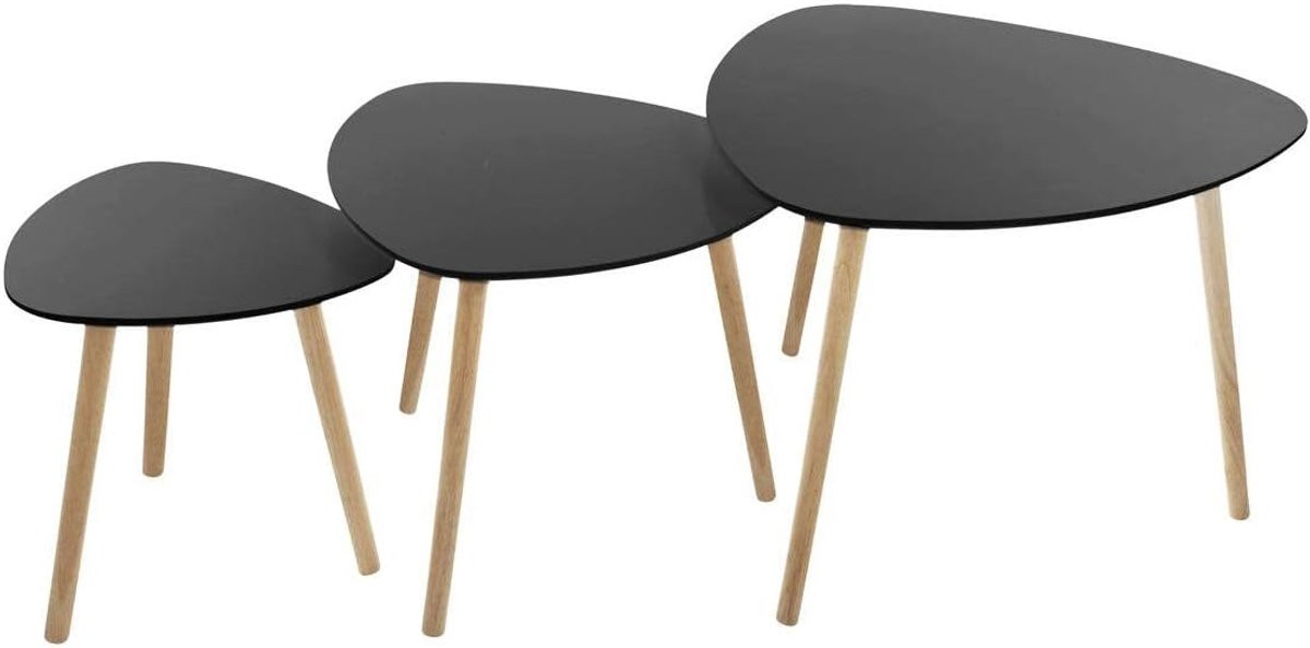 Set van drie houten bijzettafels voor de woonkamer, zwart, grootste tafel breedte: 60 cm