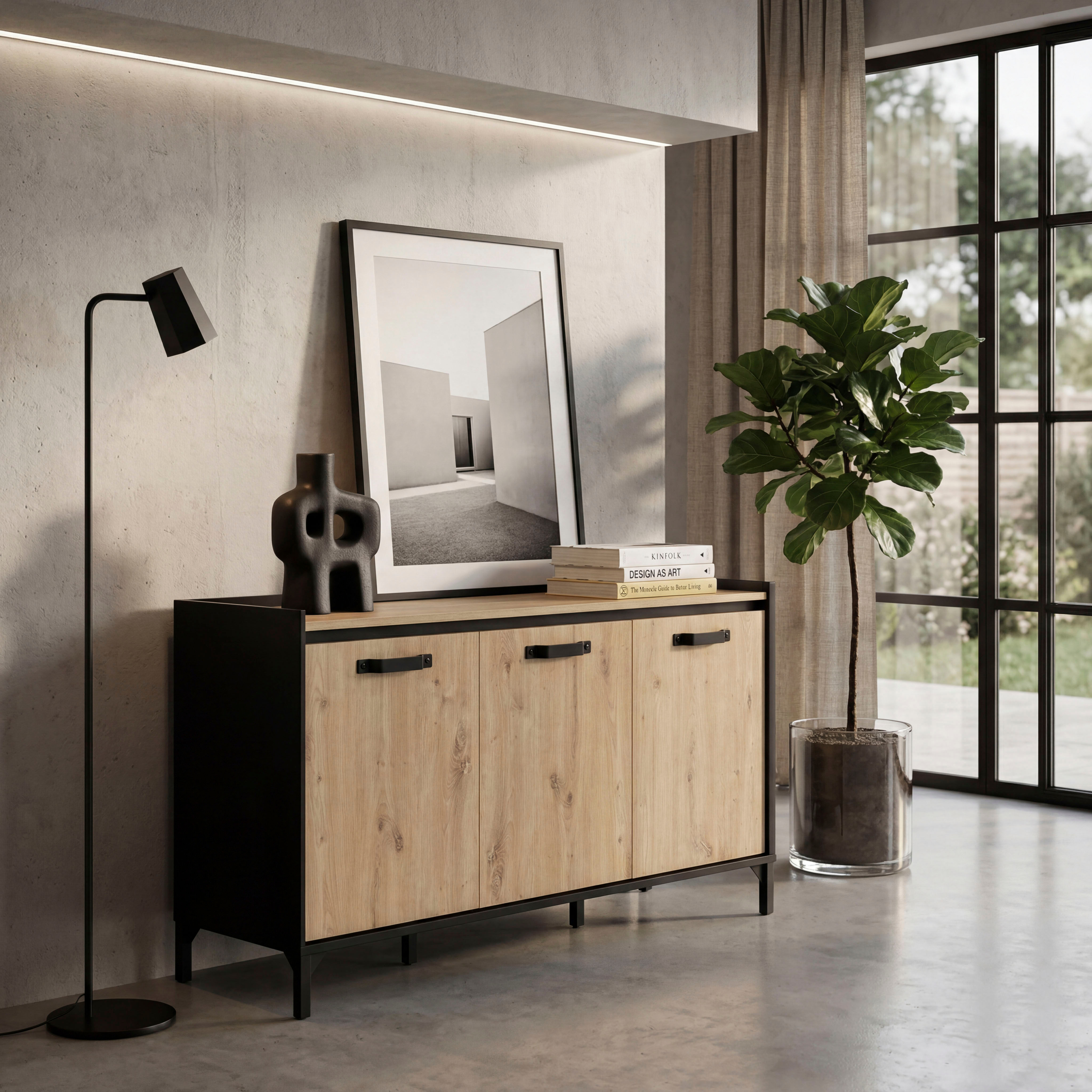 Sideboard GAMI "CAMDEM", braun (eiche artisan, schwarz), B:136cm H:78cm T:41cm, Spanplatte, Sideboards, Sideboard, Optimierter Stauraum eiche artisan, schwarz B/H/T: 136cm x 78cm x 41cm, 1 Einlegeboden,1 Ablage, Kiefer, 3 Stk.