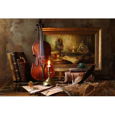 Fototapete PAPERMOON "Photo-Art ANDREY MOROZOV, STILLLEBEN MIT VIOLINE UND MALEREI", bunt, B:4m L:2,6m, Vlies, Tapeten
