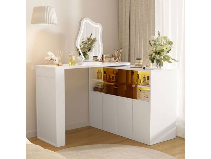 Coiffeuse pivotante avec miroir LED 177x40x131 5 cm-3 couleurs dimmables-Rangements avec LED Bluetooth-Panneau de particules-Blanc