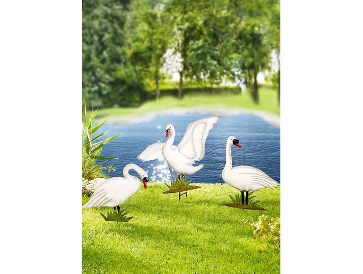Handbemalte Gartenstecker in Form von Schwänen, 3er-Set, Weiss
