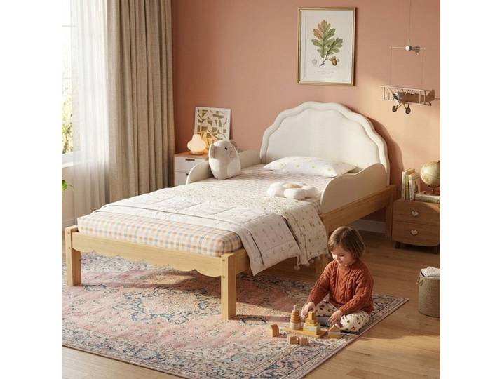 Lit Enfant 90x200 avec longerons Lit Simple Rembourré avec tête de lit en polyuréthane et sommier à lattes Bois Beige