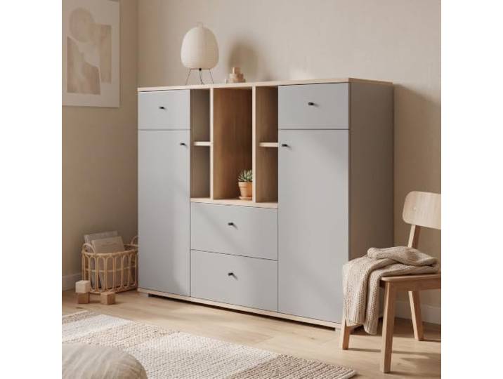 Lomadox Jugendzimmer Sideboard Kommode 120 cm breit in Grau mit Eiche